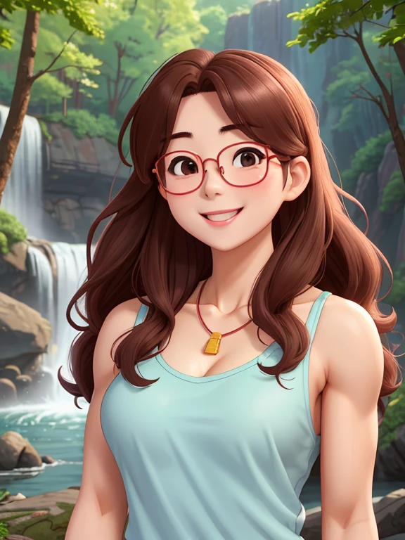 attractive korean woman, ripped muscle, muscular body, small breast, pale skin, smile(blush), sundress, glasses, thin necklace, sixpack abs, [ultra detailed skin:1.2], brown hair, long curly hair, 8k uhd, full body, crowd, public, forest, waterfall, standing,