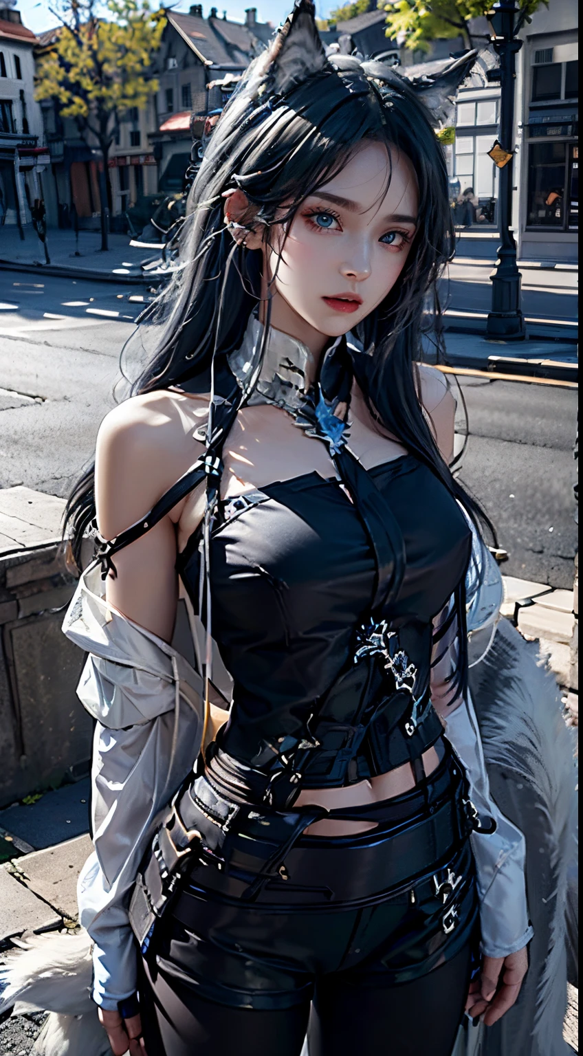 photorealistic, masterpiece, high resolution, soft light, mature female, blue eyes, hips up, hairpiece, lappland, arknights, destroyed city background, buildings on fire, pale, wolf girl, animal ears, black fingerless gloves, black jacket, bikini, (tail, fluffy tail), tattoo, wolves, long black hair, black shorts,black leggings