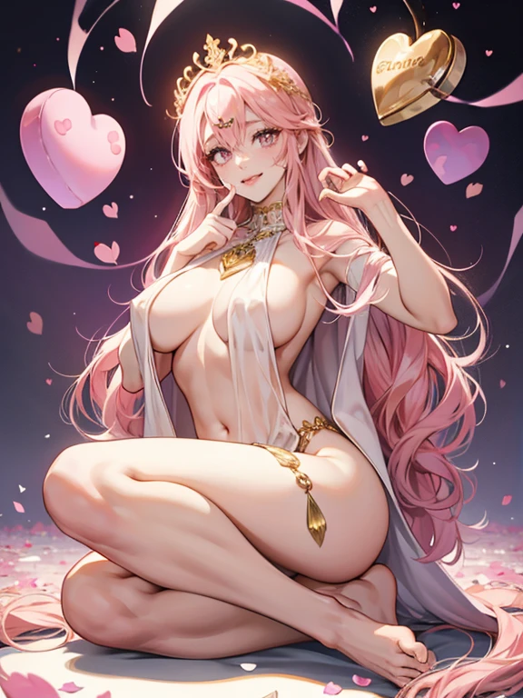 wedding gown，The barefoot，with pink hair，gold eyes，(Upper part of the body:1.2), (Transparent langari:1.3), (sexyposture:1.4), (face flushed:1.4), ssmile, Stick out her tongue, ((heart - shaped pupils)), ((lacivious pose)), an sexy, ，saliva,One guy,Colossal tits,i can see my belly,Whole body ESBIAN,stand posture，