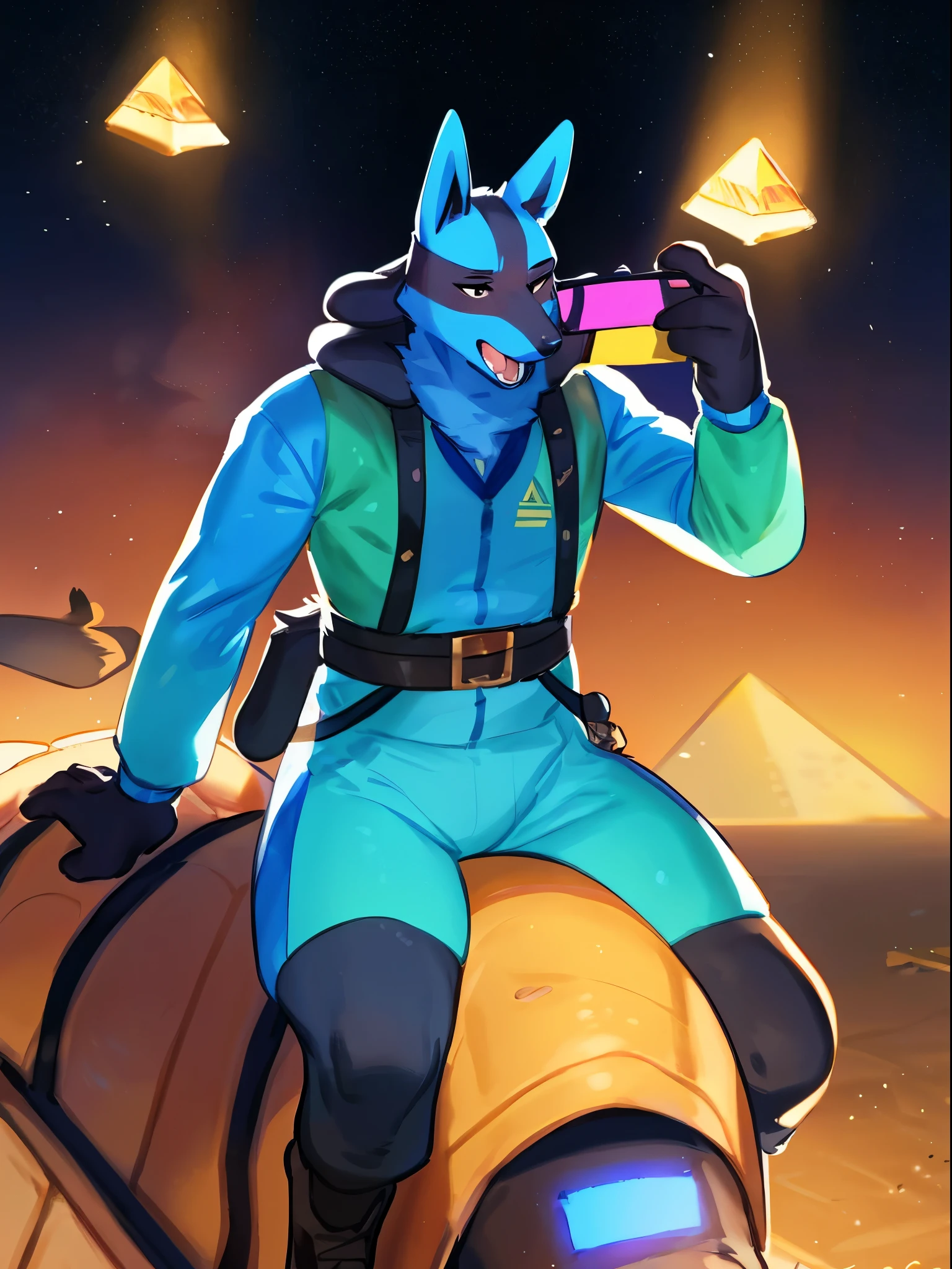 A lucario riding a giant flying turtle over the Great Pyramid while playing Switch and wearing a colorful suit full of glitter. By bebebebebe, by lostgoose, by goonie-san