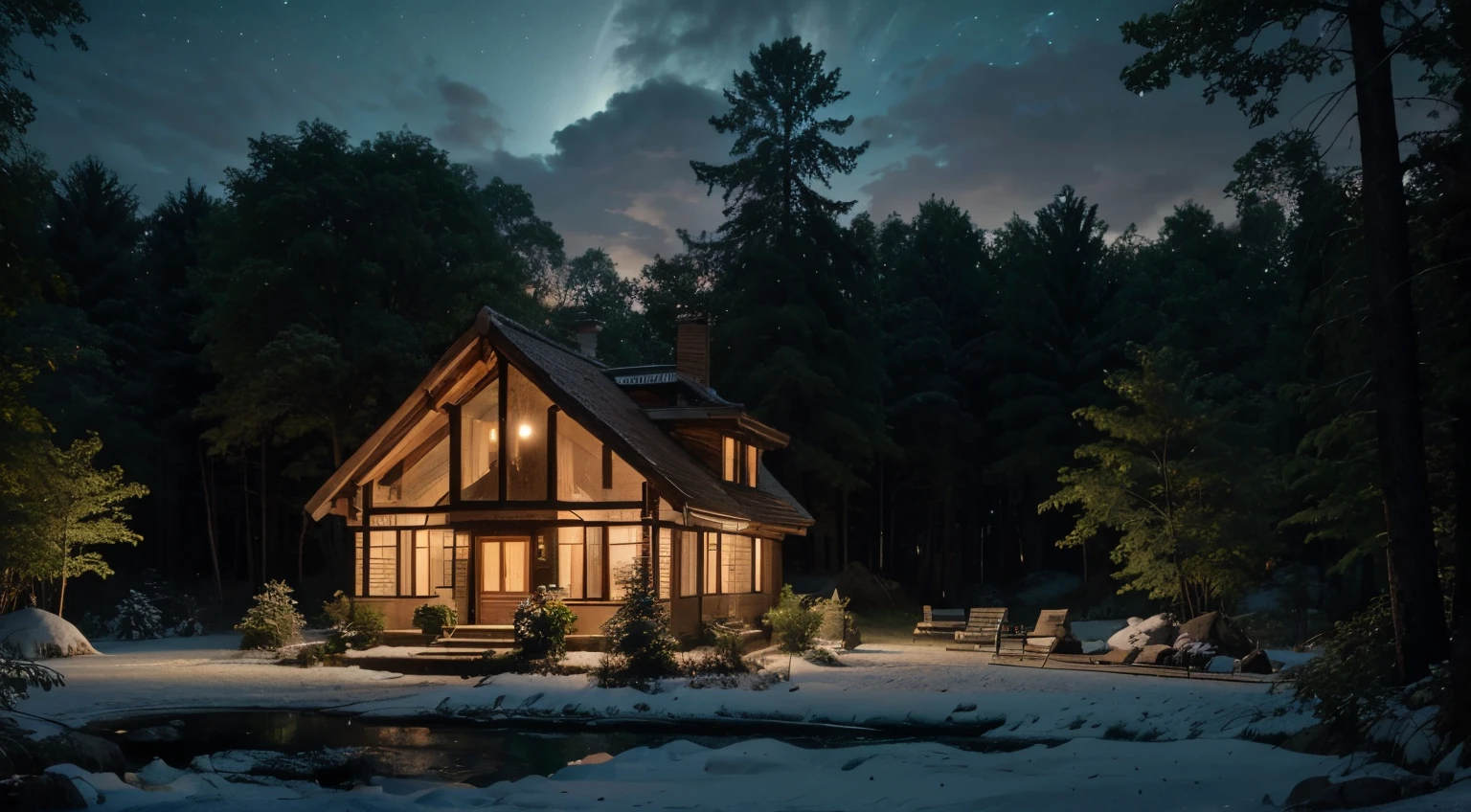 ((an image of a house in forest)), ((at night)), (detailed), hyperrealistic