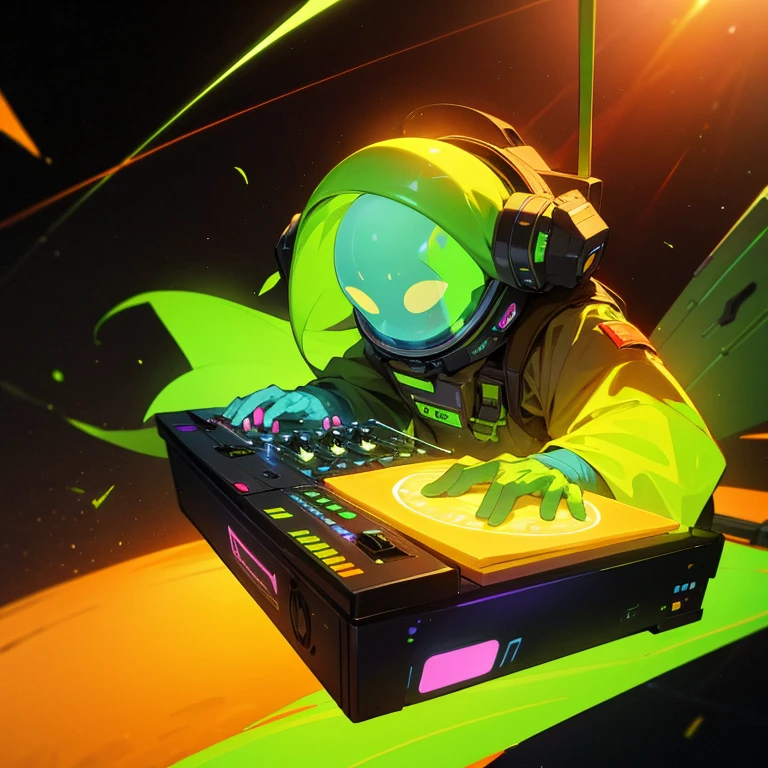 Festival dj in space playing music for aliens with lots of lime green and day glow orange as the dominant colors