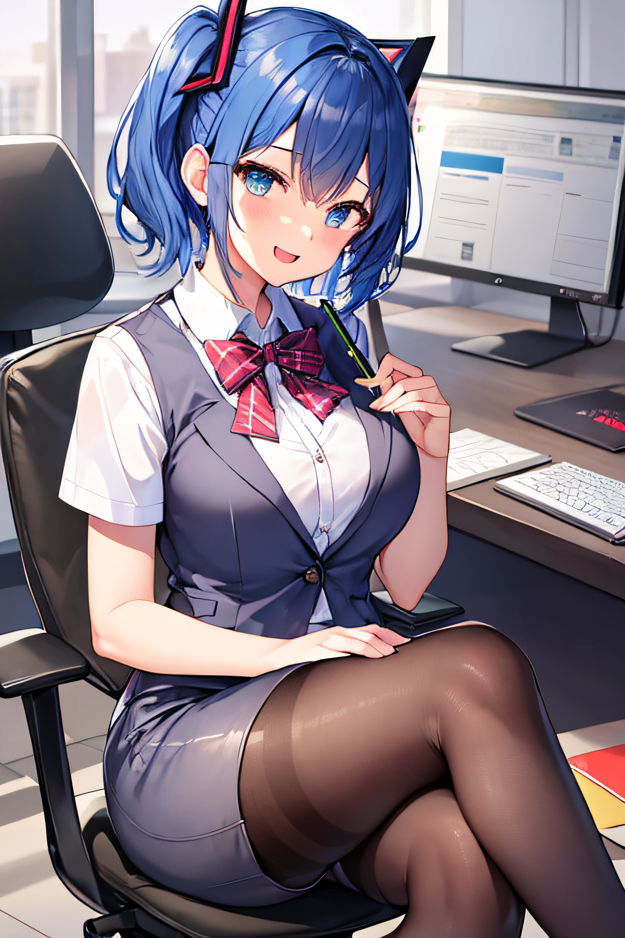 ​masterpiece、Top image quality、超A high resolution、miku hatsune、blue hairs、Twin-tailed、Short hair、Cute smile、Open your mouth just a little、White dress shirts、pencil skirts、office lady vest、firm breasts、well-shaped breasts、Black pantyhose、Sitting in an office chair、Office