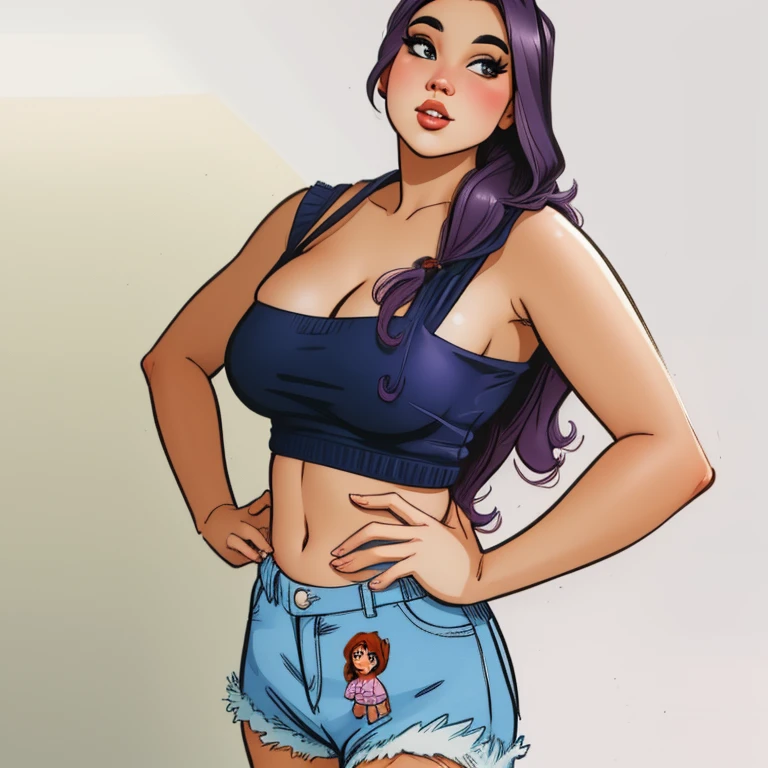 there is a woman with purple hair and a blue blouse posing, pintura digital dos desenhos animados, Lois van Baarle e Rossdraw, estilo de arte realista, estilo de arte dos desenhos animados, figura completa hiperrealista, arte dos desenhos animados, Commission for High Res, mulher curta robusta, thicc, realistic digital illustration, estilo de arte realista, Pose casual, Rossdraw 1. 0, corpo grosso