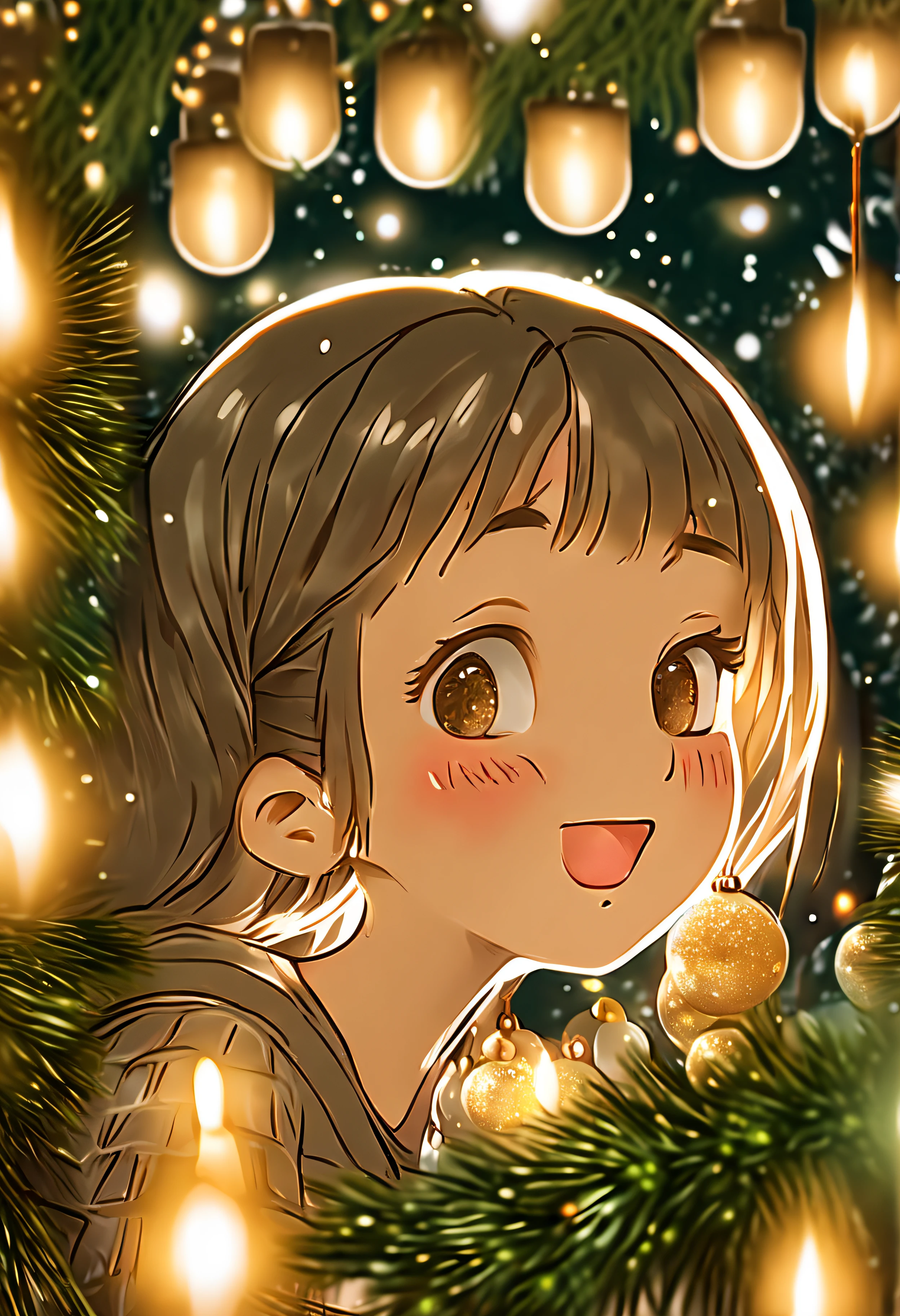 Christmas scene with a girl sitting among green and silver decorations, twinkling lights entwined through pine branches, gleaming candles casting a warm glow over the glossy leaves and reflective baubles, holiday cheer encapsulated in the arrangement, soft-focus background with bokeh effect from distant Christmas lights, ultra-fine, digital painting, golden ratio composition.