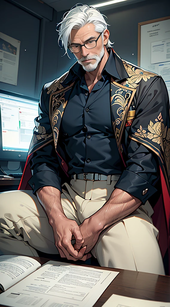 (masterpiece:1.2), (illustration), (best quality:1.2), (best aethetic:1.1), (beautiful art:1.2), (ultra-detailed:1.2), (8k), (HDR), (cinematic lighting), (wallpaper), (sharp focus), (intricate), man sit down on police office, 60 years old, wearing glasses, white hair, short cut hair, have mustache and beard, 175cm tall, used futuristic stick, wearing long cape batik art style, white aura all over his body, charismatic, horror
