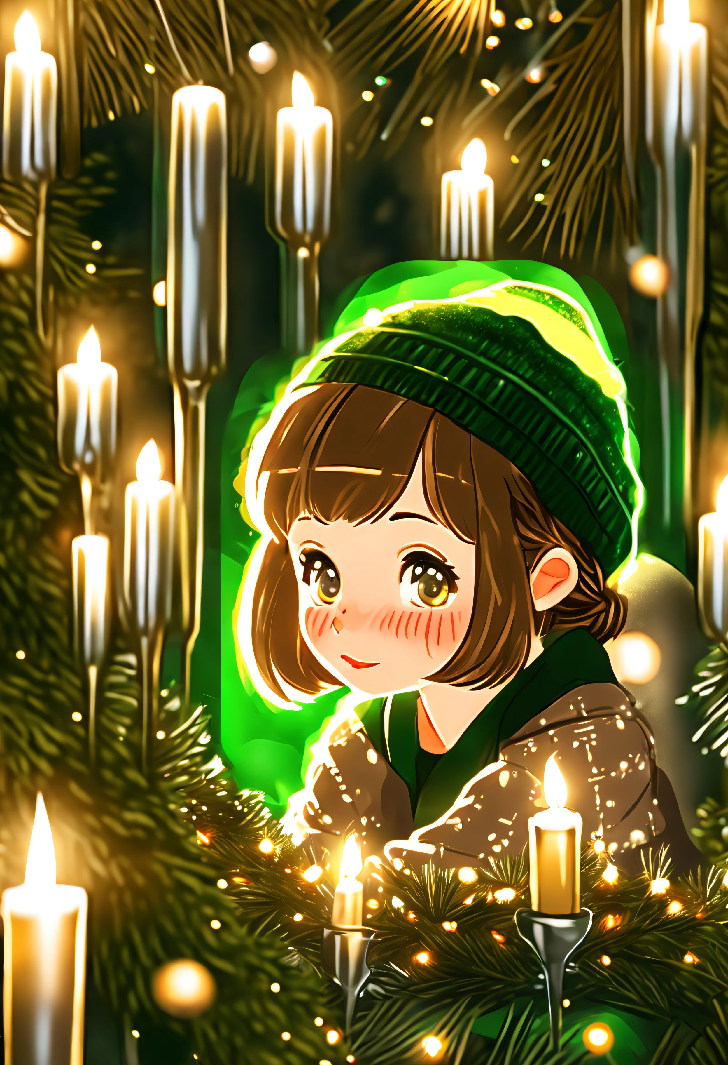 Christmas scene with a girl sitting among green and silver decorations, twinkling lights entwined through pine branches, gleaming candles casting a warm glow over the glossy leaves and reflective baubles, holiday cheer encapsulated in the arrangement, soft-focus background with bokeh effect from distant Christmas lights, ultra-fine, digital painting, golden ratio composition.