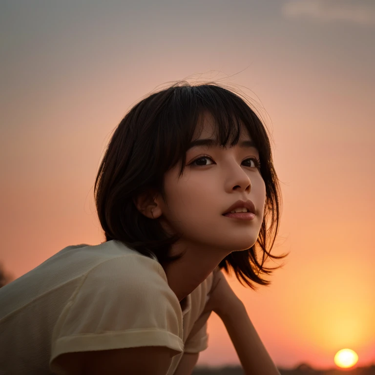 An ultra-high picture quality、Perfect Photo、18yo woman、Sunset、put out one's forehead、a short bob、A dark-haired、the wind、Eye of the cut、Narrow-eyed、Plump lips、large mouth、thick lips、Duck mouth、kiss face、