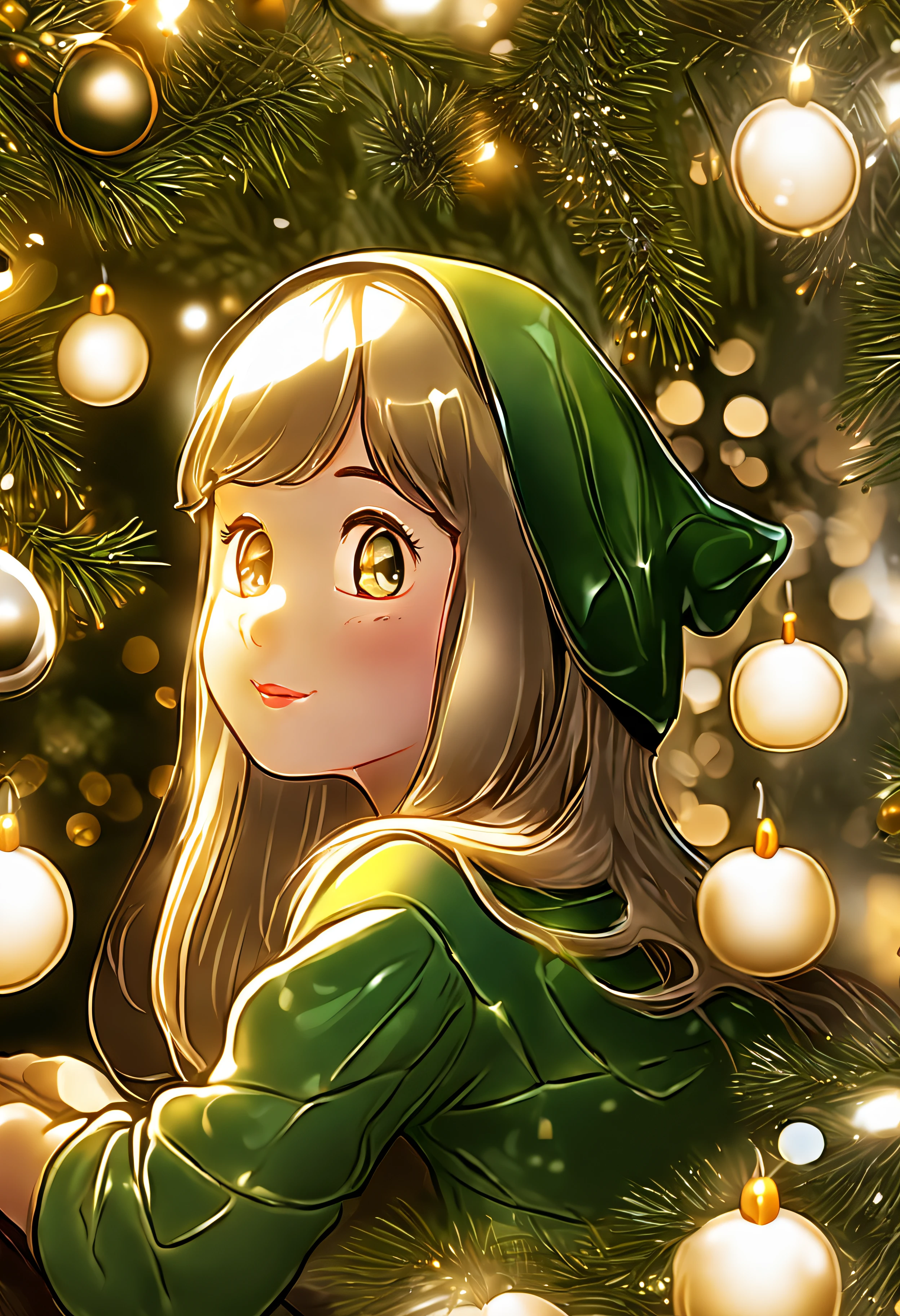 Christmas scene with a girl sitting among green and silver decorations, twinkling lights entwined through pine branches, gleaming candles casting a warm glow over the glossy leaves and reflective baubles, holiday cheer encapsulated in the arrangement, soft-focus background with bokeh effect from distant Christmas lights, ultra-fine, digital painting, golden ratio composition.