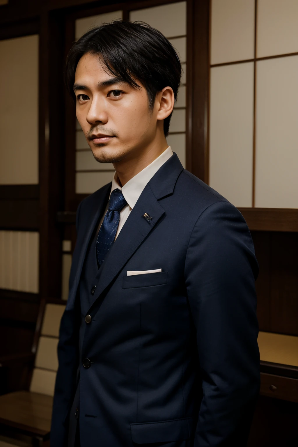 Japanese man, 30yo, investigator, leutnant, navy color suit