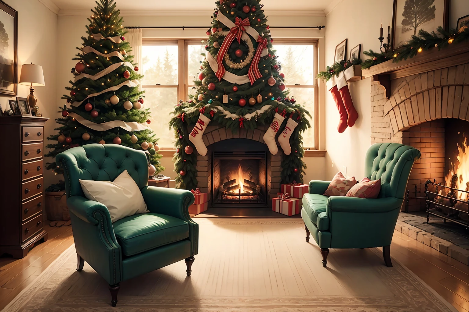 Full Christmas tree front view., Armchair and fireplace, real photos, Super realistic display, Realistic display, 10, --v6