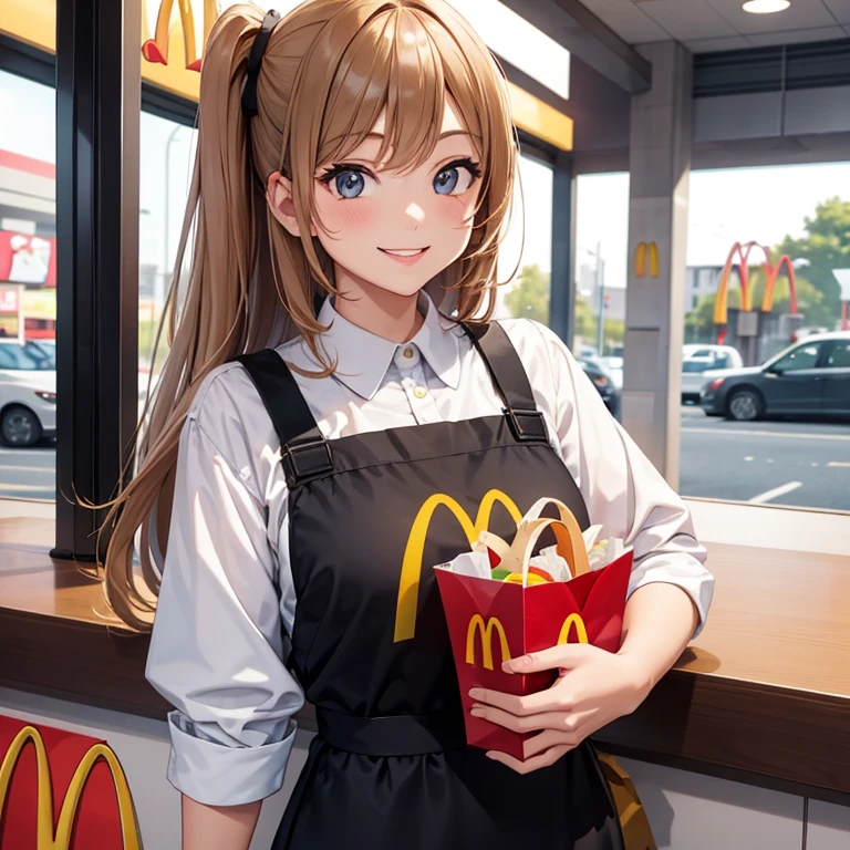 A 25 years old girl wearing McDonald's staff dress, smiling face, looking at viewer