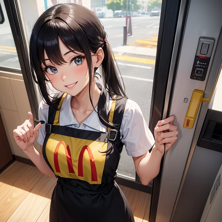 A 25 years old girl wearing McDonald's staff dress, smiling face, looking at viewer