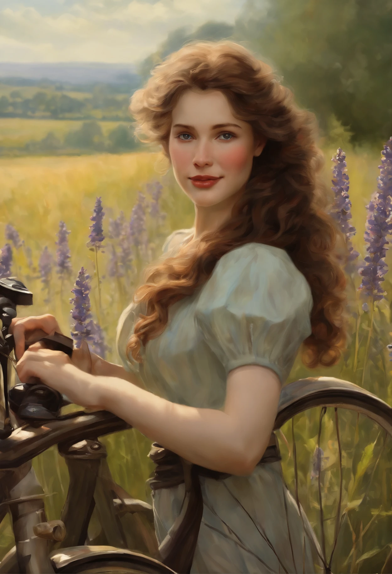 真实感, dark fantasy style, John Tolkien style, Small painting by Jean-Baptiste Monge, portraite of a, looks from the front, Soft facial features, Picture of Pepi&#39;image of long stockings, girl smiles, I&#39;I&#39;m standing next to a bicycle,  Average height, plump dark pink lips, Engriberts eyebrows, dark brown, green colored eyes, looking at away, brown-hair, big curls flutter in the wind , wears a shirt,  short knee-length trousers with cuffs, tightly covering the legs , summer boots, I&#39;I&#39;I&#39;m standing next to a bicycle, Summer day, The sun is shining, rainbow, Lavender field, field with lavender, blue skies, Jean-Baptiste Monge, anthropomorphic --ar 2:3 --testp -optimistic;