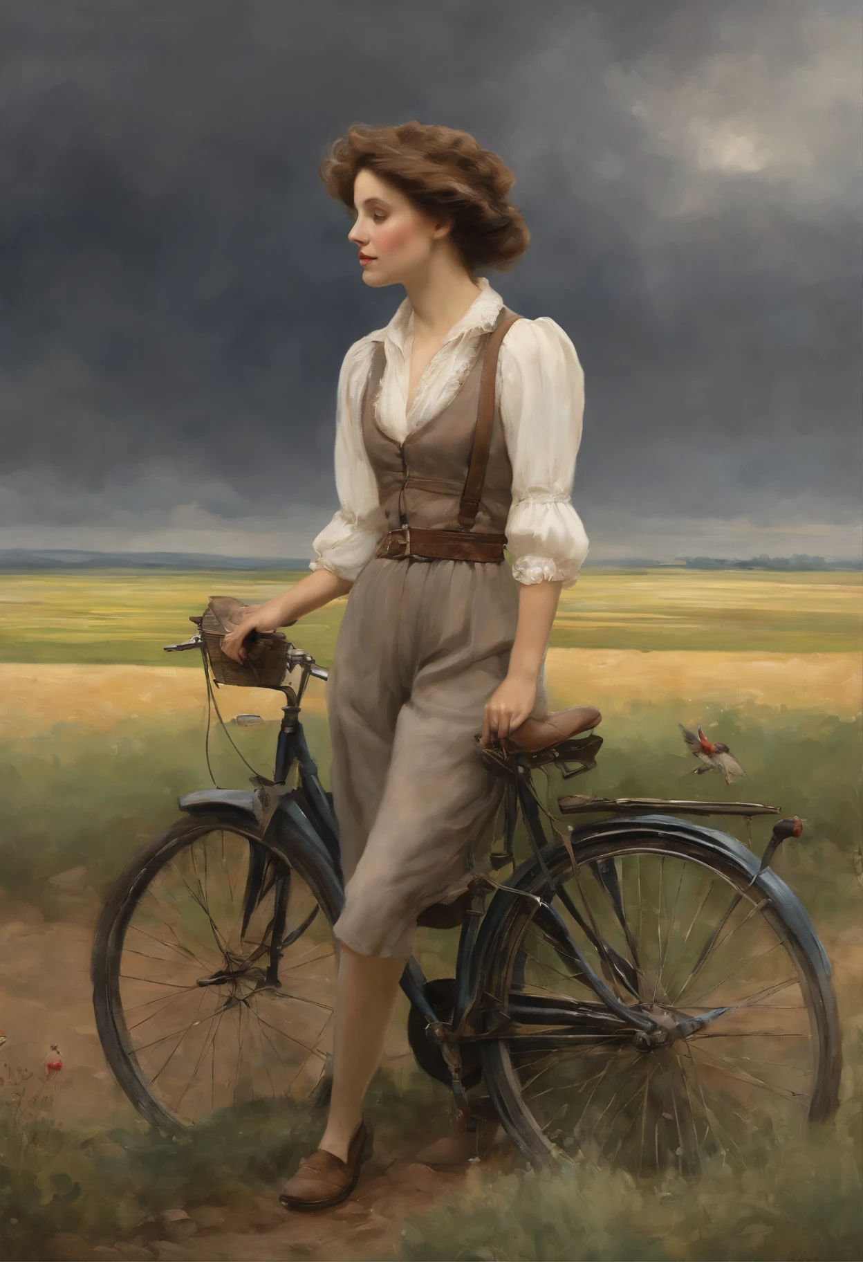 真实感, dark fantasy style, John Tolkien style, Small painting by Jean-Baptiste Monge, portraite of a, looks from the front, Soft facial features, Picture of Pepi&#39;image of long stockings, girl smiles, I&#39;I&#39;m standing next to a bicycle,  Average height, plump dark pink lips, Engriberts eyebrows, dark brown, green colored eyes, looking at away, brown-hair, big curls flutter in the wind , wears a shirt,  short knee-length trousers with cuffs, tightly covering the legs , summer boots, I&#39;I&#39;I&#39;m standing next to a bicycle, Summer day, The sun is shining, rainbow, Lavender field, field with lavender, blue skies, Jean-Baptiste Monge, anthropomorphic --ar 2:3 --testp -optimistic;