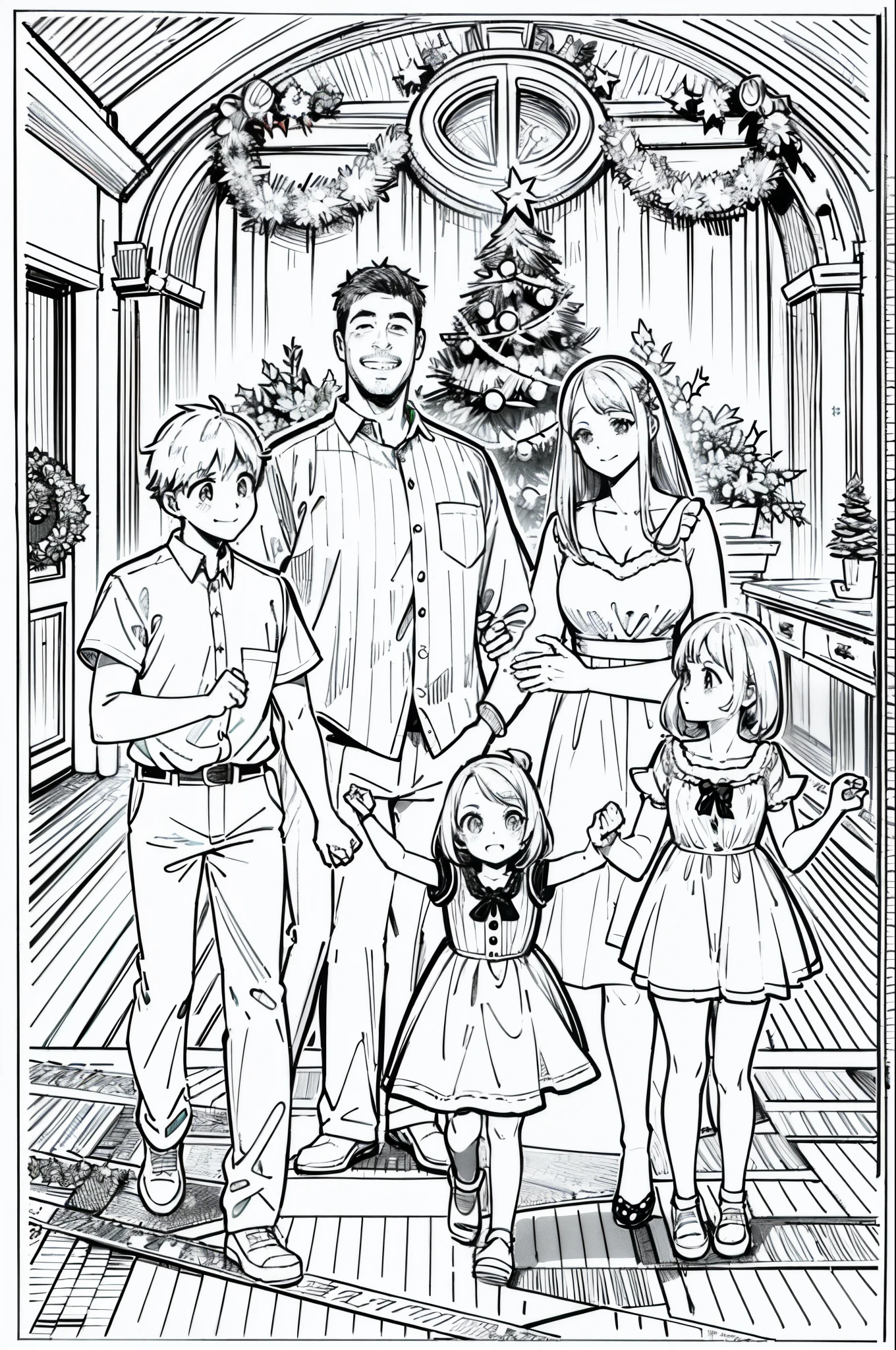 Christmas party, line art, no text, harmony, fun, sketch, family fun, Fibonacci, mom, dad, kids, happy, straight couple