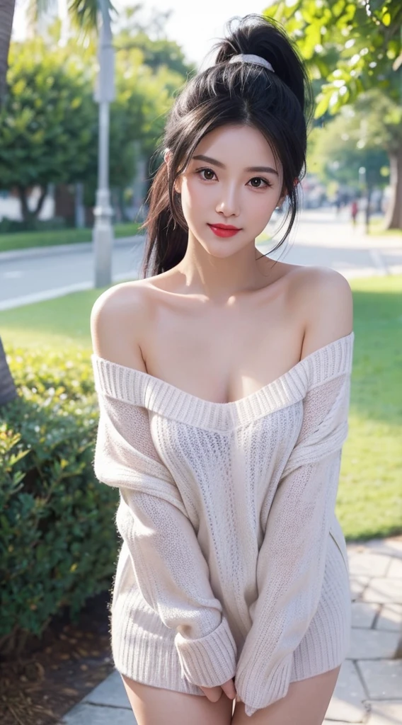 cute girl photo realistic,in a park in front of beach, exquisite and beautiful face, pretty face, (peach Red lips:1.1),(white skin:1.1), tender and ,(black hair:1.15), purple hair, ponytail hair, smile, exquisite collarbone, seductive and delicate collarbone, charming fragrant shoulders, shoulders slightly exposed, open-shoulder long sweater,sky blue sweater,bokeh, full body,very realistic details, ultra-high resolution,outstanding details