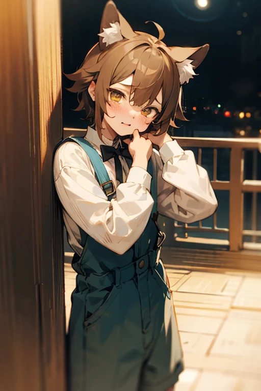 [[Cute brown haired boy]]，[[Don't dare to look up]]，[[and hold your head in your hands]],[[[Huddled in the corner in fear]]]，[[Holding my head and crying, huddled in the corner]],Wearing cat ears, from the night of the ark, Shota with cat ears, Anime cute art style, cute anime catgirl, Popular topics on artstation pixiv, From the maiden front, anime cat shota, Shota with cat earrown long sleeve jacket]]，[Wearing overalls dress]，[[Suspenders]]，[[Shota]],[Golden eyes]，[[A blushing expression]]，[[waitor]]