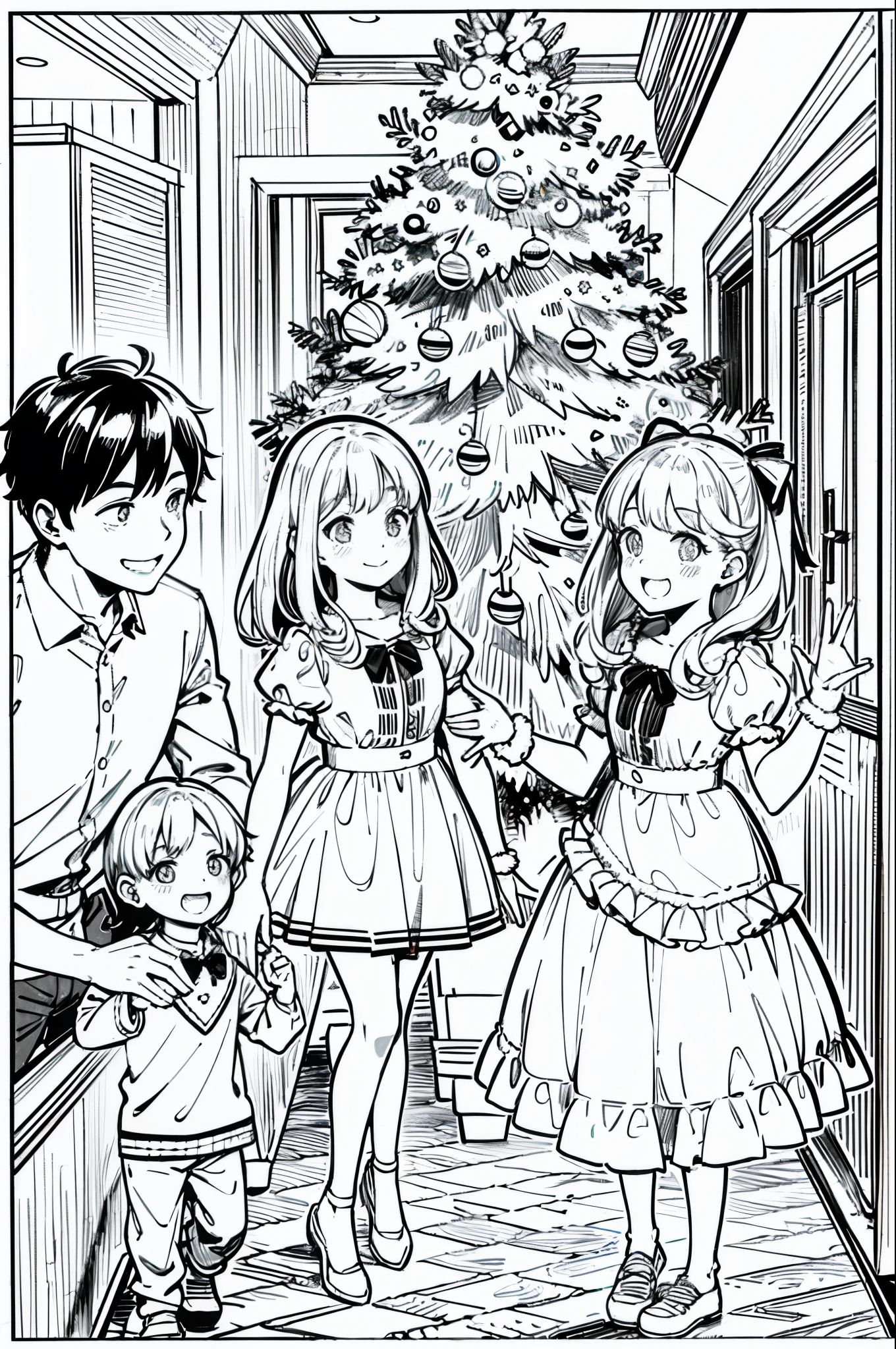 dynamic, Christmas party, line art, no text, harmony, fun, sketch, family fun, Fibonacci, mom, dad, kids, happy, straight couple
