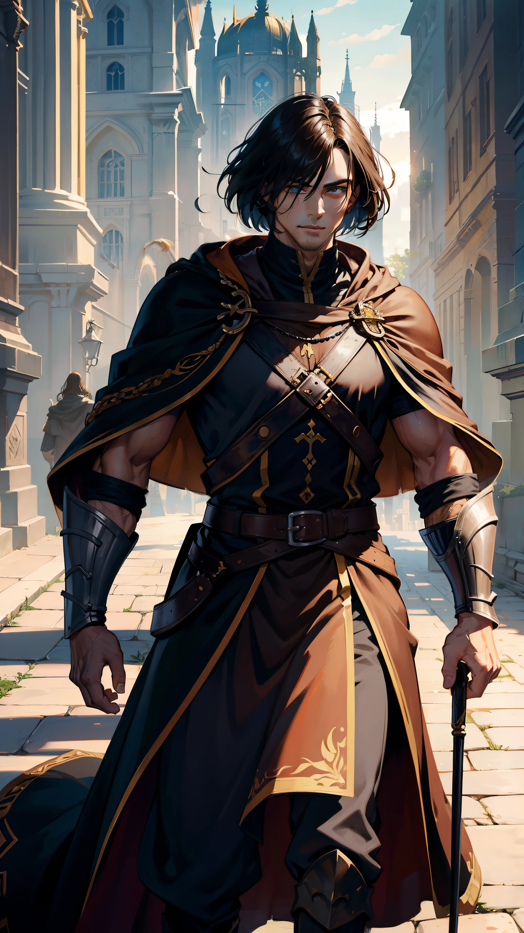 (((((Man's))))), masutepiece, ultra-detailliert, 8K Portrait, Raw photo, Portrait photo of a man, Highly detailed face, beautiful and meticulous eyes, ((Fantasy)), 30 years old (((man))), 180 cm, (((Strong physique))), Macho Man, ((dark bob cut hair)), Smile, adventurer, (((long brown silk cloak))) Fluttering in the wind, (((Chest armor))), Iron Boots, With a giant hammer, Midday Sun, Hyper realistic, Strong body, Long legs, In the Adventurer's Guild of the Middle Ages, Ambient lighting, Shadow details , Camera focus on face, strong breeze, Light fog