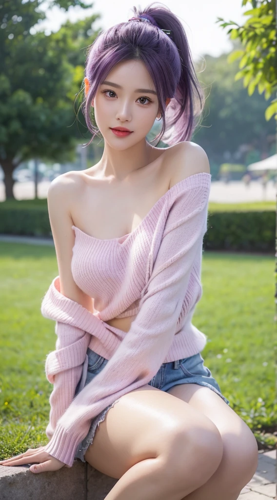 (((low angle))),((((showing me panties))))), thigh gap, ((photorealistic)),(Slim)),((AKB 48)),(Full body photo))), ((sunset in background))),((Cherry blossoms in the background)),(19 years old)),(Small bust))))), (Wearing a hat deeply))( Underneath only panties))), ((((Spring sweater)))), (((Photorealism: 6, Realistic)))), (sideways and turning around pose)),Perfect lower body shape,((Upside ponytail)),(Ribbon),(Has scrunchies on wrists)),Hair ornaments, small waist