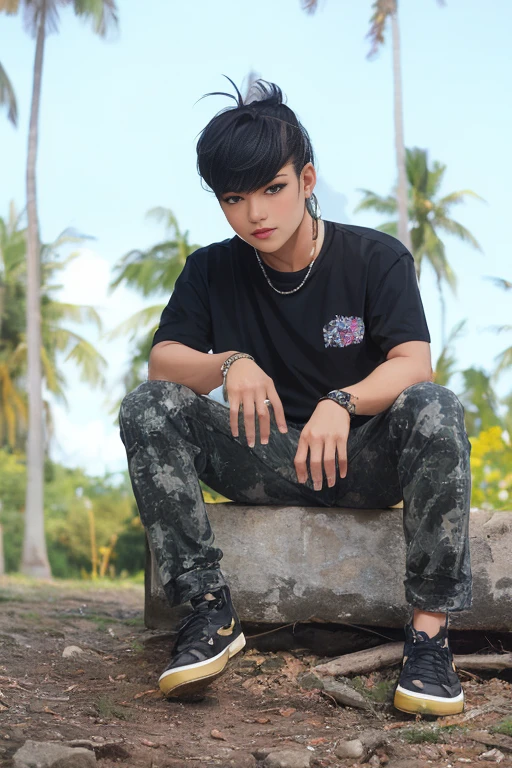 masterpiece, best quality, eyeliner, eyeshadow, looking at viewer, curvy, (full body shot) of (dollienobodysd15:0.8) wearing (party clothing:1.2), 1girl, solo, long hair, soft breasts, smirk, sleeveless, bangs, blush, clothing cutout, long hair, shiny skin, outdoors seat in the square, cloudy sky, upper body, ultra-detailed, illustration,
