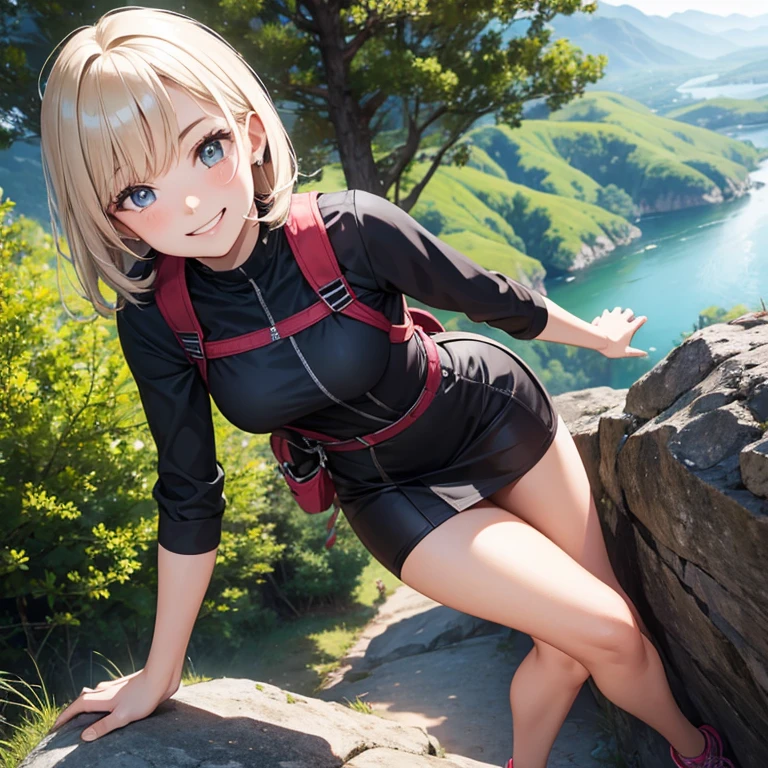 A 25 years old girl wearing hill tour dress, climbing at hill, smiling face, looking at viewer