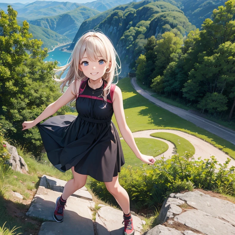 A 25 years old girl wearing hill tour dress, climbing at hill, smiling face, looking at viewer