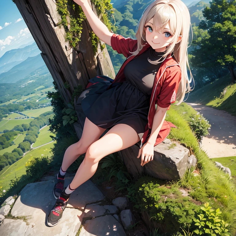 A 25 years old girl wearing hill tour dress, climbing at hill, smiling face, looking at viewer