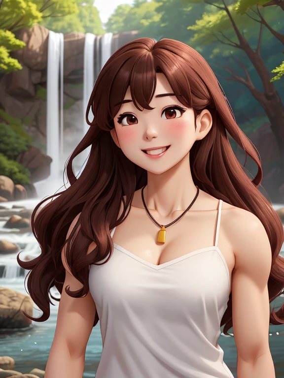 attractive korean woman, ripped muscle, muscular body, small breast, pale skin, smile(blush), chemise, thin necklace, sixpack abs, [ultra detailed skin:1.2], brown hair, long curly hair, 8k uhd, full body, crowd, public, forest, waterfall, standing,