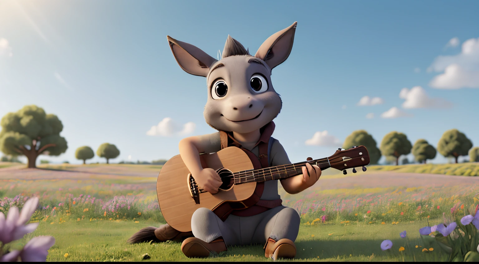 A gray donkey playing the lute in the meadow.