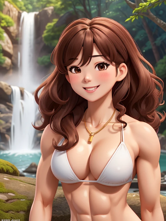 attractive korean woman, ripped muscle, muscular body, small breast, pale skin, smile(blush), bikini, thin necklace, sixpack abs, [ultra detailed skin:1.2], brown hair, long curly hair, 8k uhd, pussy, full body, crowd, public, forest, waterfall, standing,