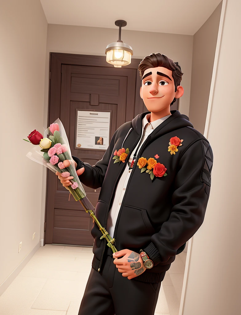 arafed man in a black jacket and tie holding a bunch of flowers, wearing a hoodie and flowers, with flowers, post malone, pete davidson, xqc, holding flowers, holding a rose, alex flores, official, february), asher duran, andrew gonzalez, casually dressed, holding a pair of fans. unreal 5, beautiful aesthetic, a still of a happy