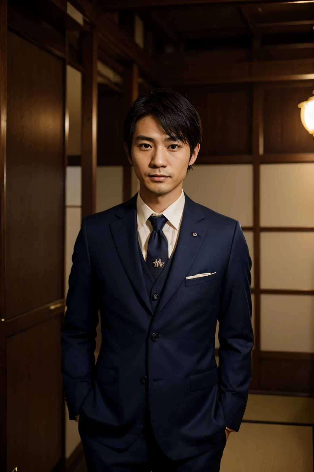 Japanese man, 30yo, investigator, leutnant, navy color suit