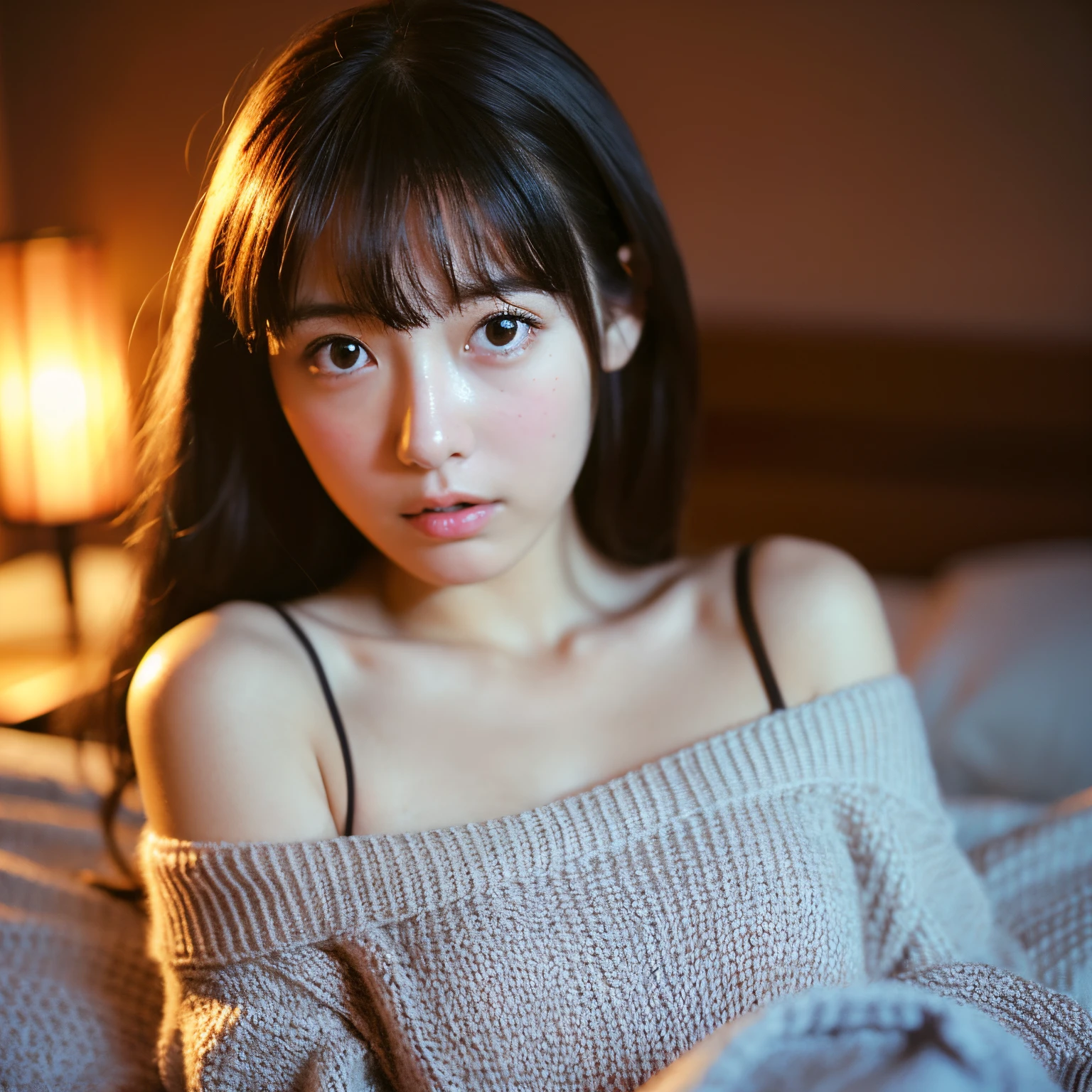 nsfw, masterpiece, highest quality, (dark photo:1.3), realistic, One girl in a lace cami, Flat bangs, Stunning innocent symmetry face, Emotional, Ulzzang, (Pueros face_v1:0.7)