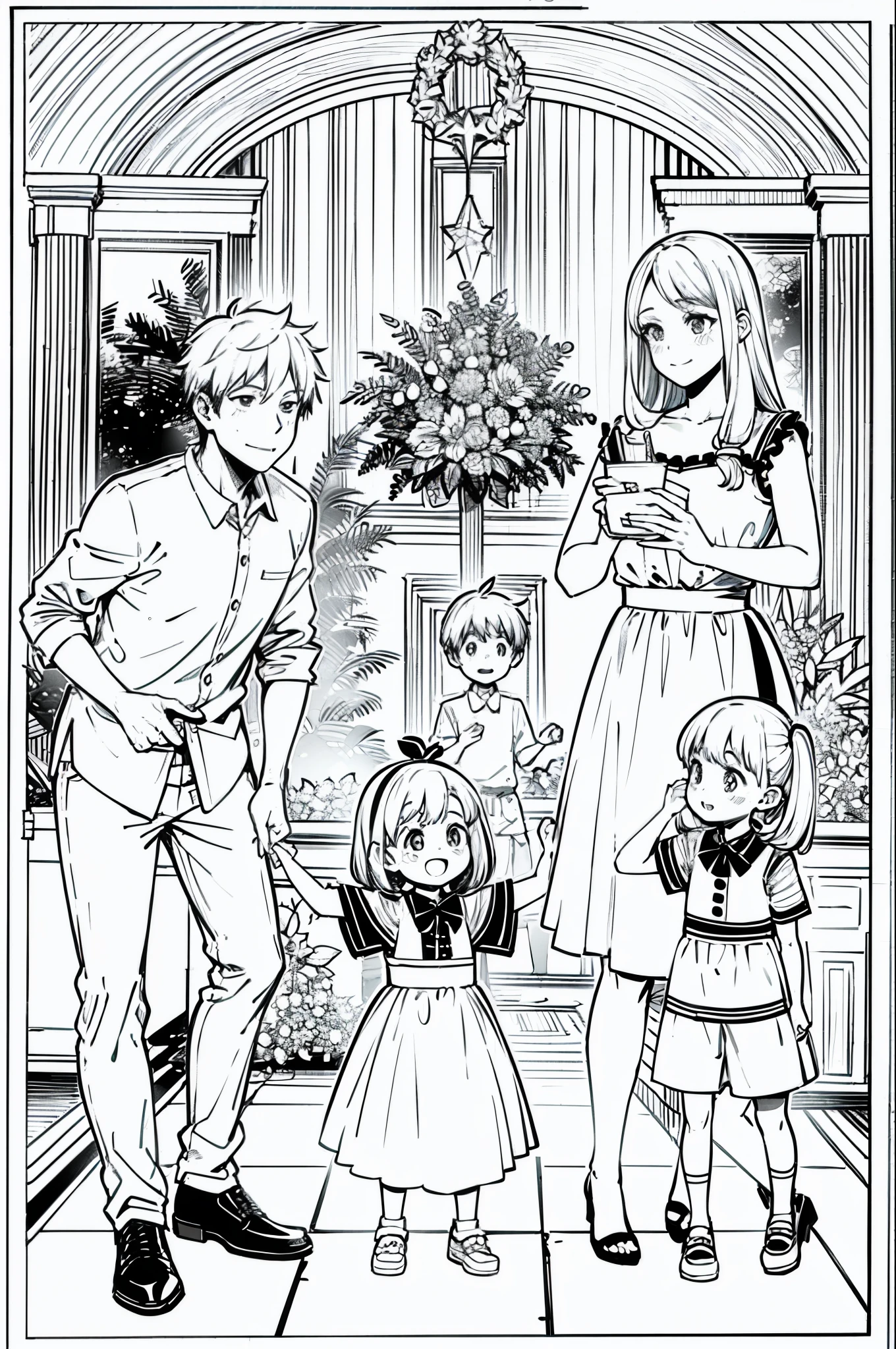 Christmas party, line art, no text, harmony, fun, sketch, family fun, Fibonacci, mom, dad, kids, happy, straight couple, clean artwork