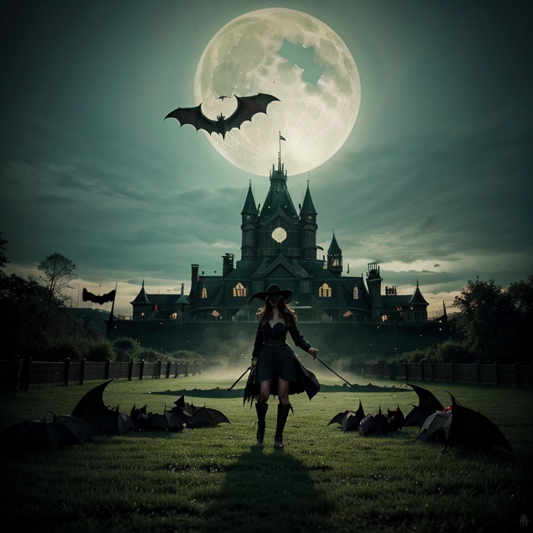 A green sky with big horror bats and witches with blood