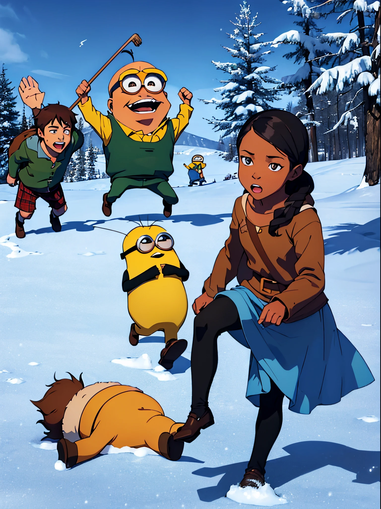 Three minions celebrating Christmas around the Christmas tree in the snow,cinematic ligh《Despicable Me》,Minions,Animated characters,Rich details,hyper HD,Winters,natta,Tanonaka