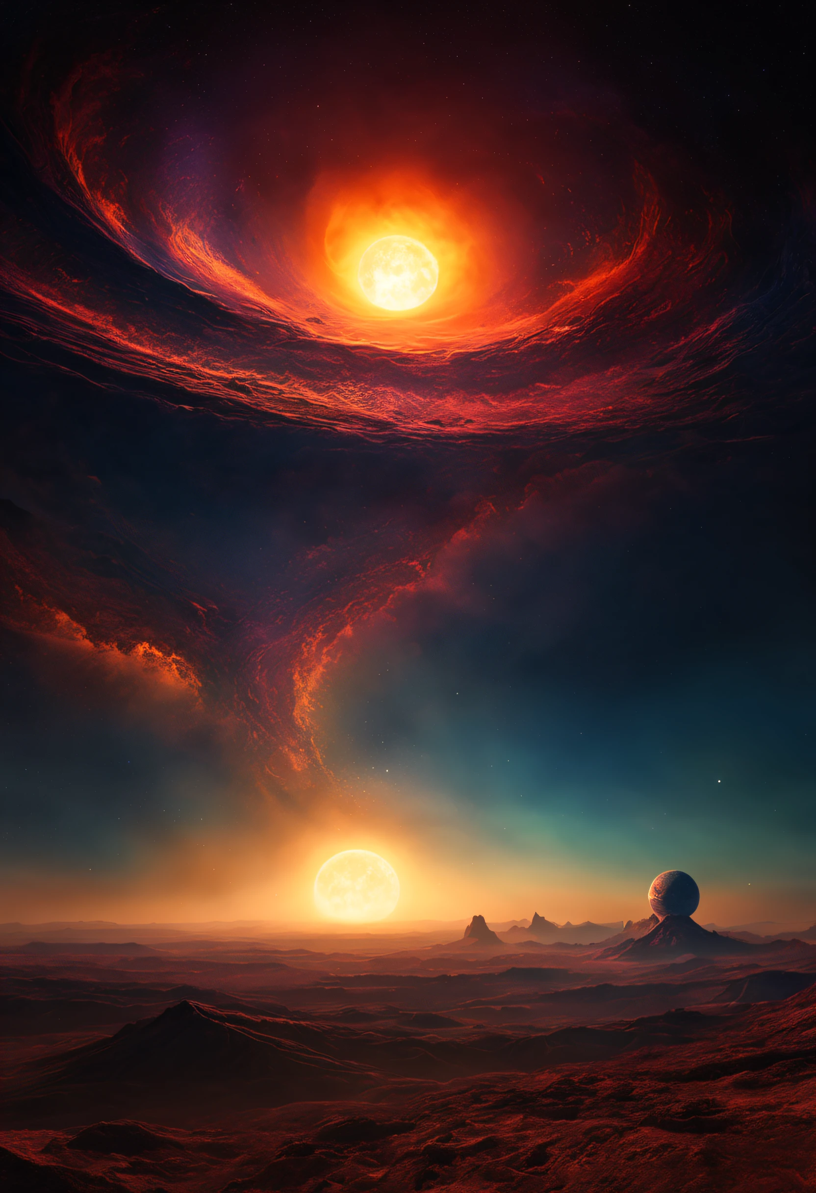 a magnificent sunset on a strange and mysterious alien planete. It's very textured and detailed with dreaming lot of whirlwind multicolored and dreaming dust