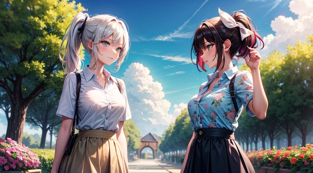 1girl, solo, summer, village, trees, sun, clouds, ((colorful hair)), ponytail, large breasts, button down, green eyes, ((floral pattern shirt)), ((unbuttoned shirt)), ((short sleeved shirt)), flowers on shirt, skirt, brown shoes, grin, looking at the viewer, standing, hair ribbon