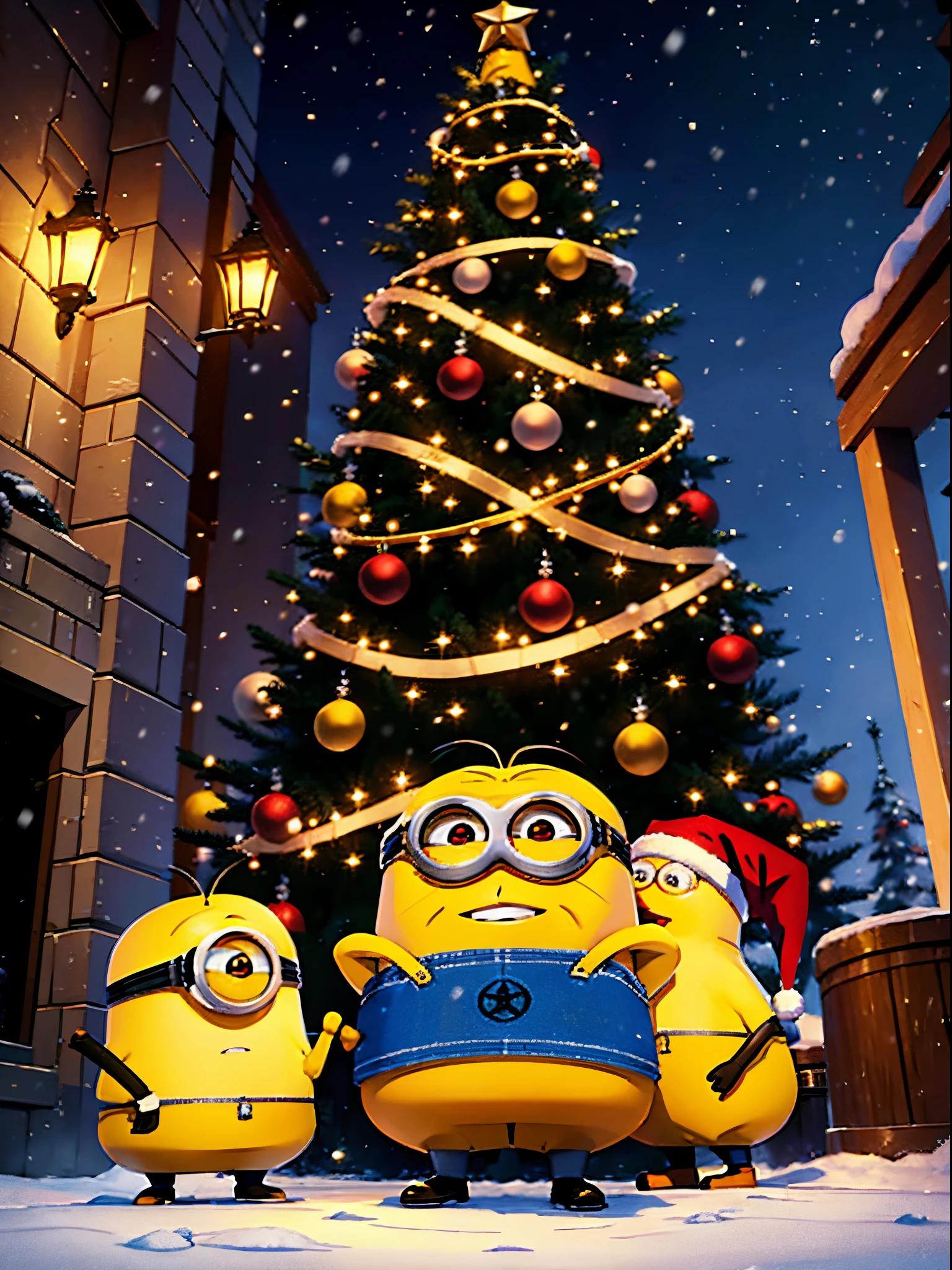 Minions celebrating Christmas around the Christmas tree in the snow,cinematic ligh《Despicable Me》,Minions,Animated characters,Rich details,hyper HD,Winters,natta,Tanonaka