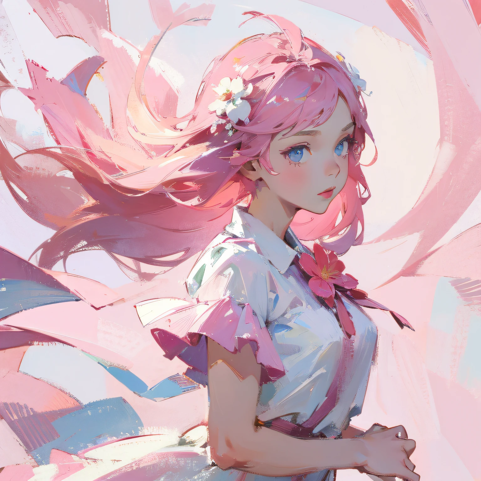 (Best Quality, Masterpiece), 1girl, Pose, Wind, Flower, Upper Body, White and Pink Color Scheme, Simple Background, Look at the Viewer