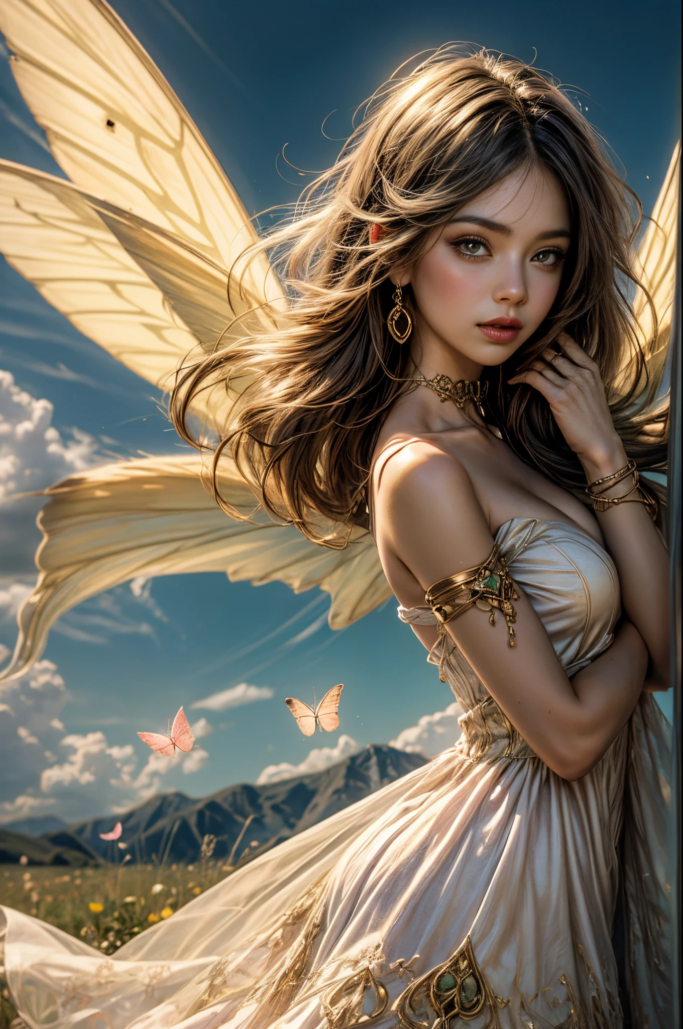 "((Innocent)) girl, golden hour, dreamy meadow, ethereal, whimsical, flowing dress, soft sunlight, enchanting, butterfly wings, (pastel clouds), liquid reflections