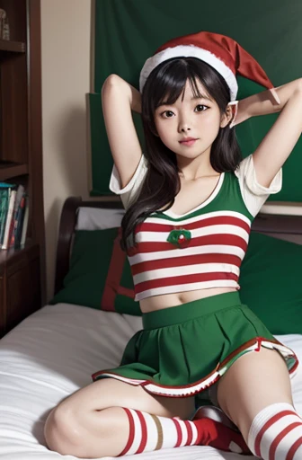 (disable censorship), (realistic photo), (masterpiece), chinese girl wearing christmas elf cosplay, green top, green skirt, ((red-white striped socks)), pudica pose, bedroom