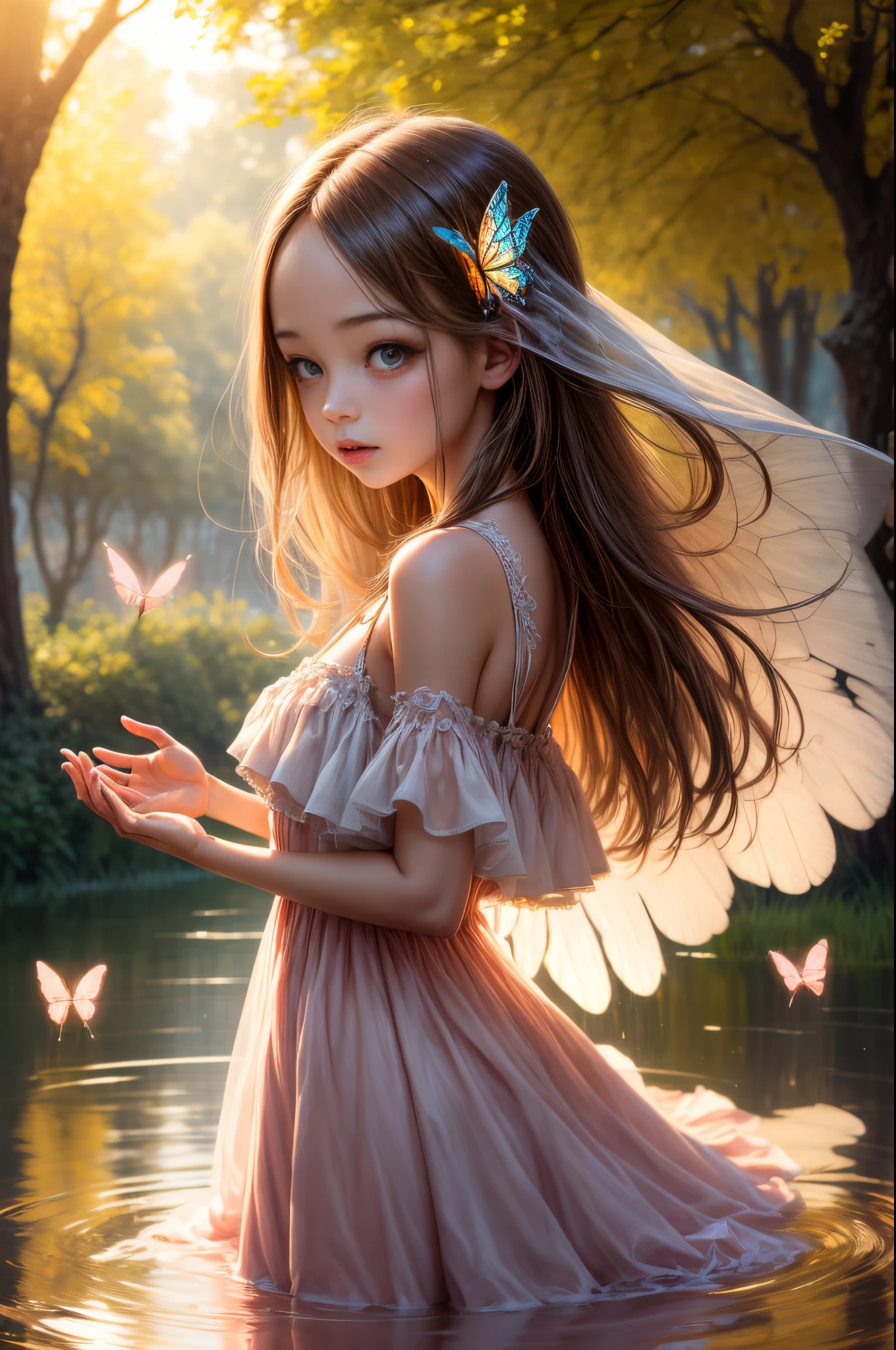 "((Innocent)) girl, golden hour, dreamy meadow, ethereal, whimsical, flowing dress, soft sunlight, enchanting, butterfly wings, (pastel clouds), liquid reflections