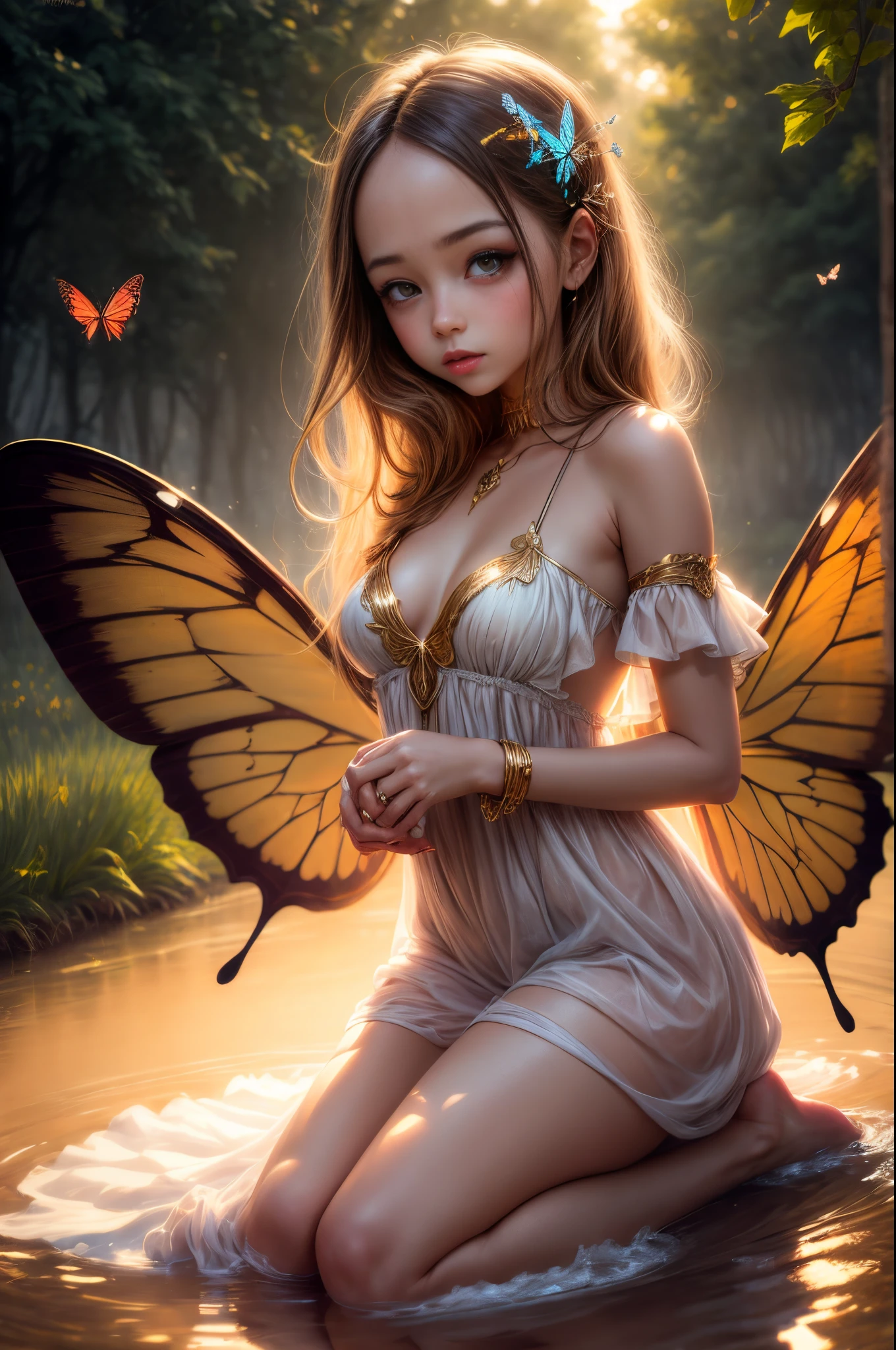 "((Innocent)) girl, golden hour, dreamy meadow, ethereal, whimsical, flowing dress, soft sunlight, enchanting, butterfly wings, (pastel clouds), liquid reflections