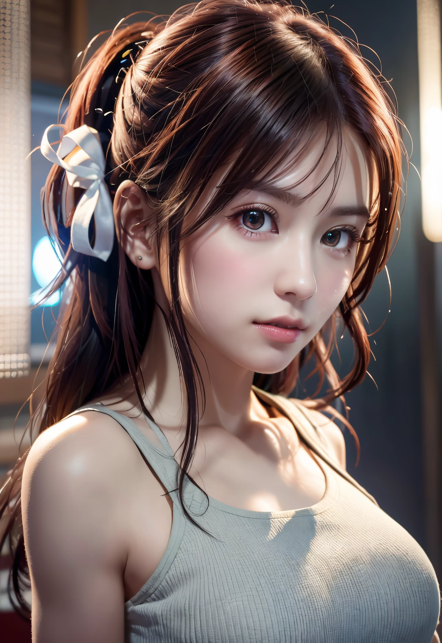 top-quality、​masterpiece、超A high resolution、(Photorealsitic:1.4)、Raw photo、女の子1人、years、Black hair、glowy skin、((super realistic details))、portlate、globalillumination、Shadow、octan render、8K、ultrasharp、Colossal tits、Translucent white sailor suit、highly intricate detail、Realistic light、CGSoation Trends、a purple eye、radiant eyes、Facing the camera、neon details、sitting on、Futuristic hair ornament、Gundam、Small LED lamp、Purple neon lighting、