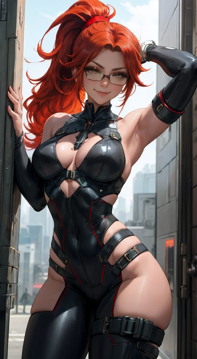 LadyAska|, master-piece, bestquality, 1 girl, 25 years old, medium breasts, futuristic sexy clothing, futuristic city scene, arms over head, against wall, View viewers from the front., Thigh strap, Head tilt, shy smile, yellow eyes, ((red hair ponytail)), (((glasses)))