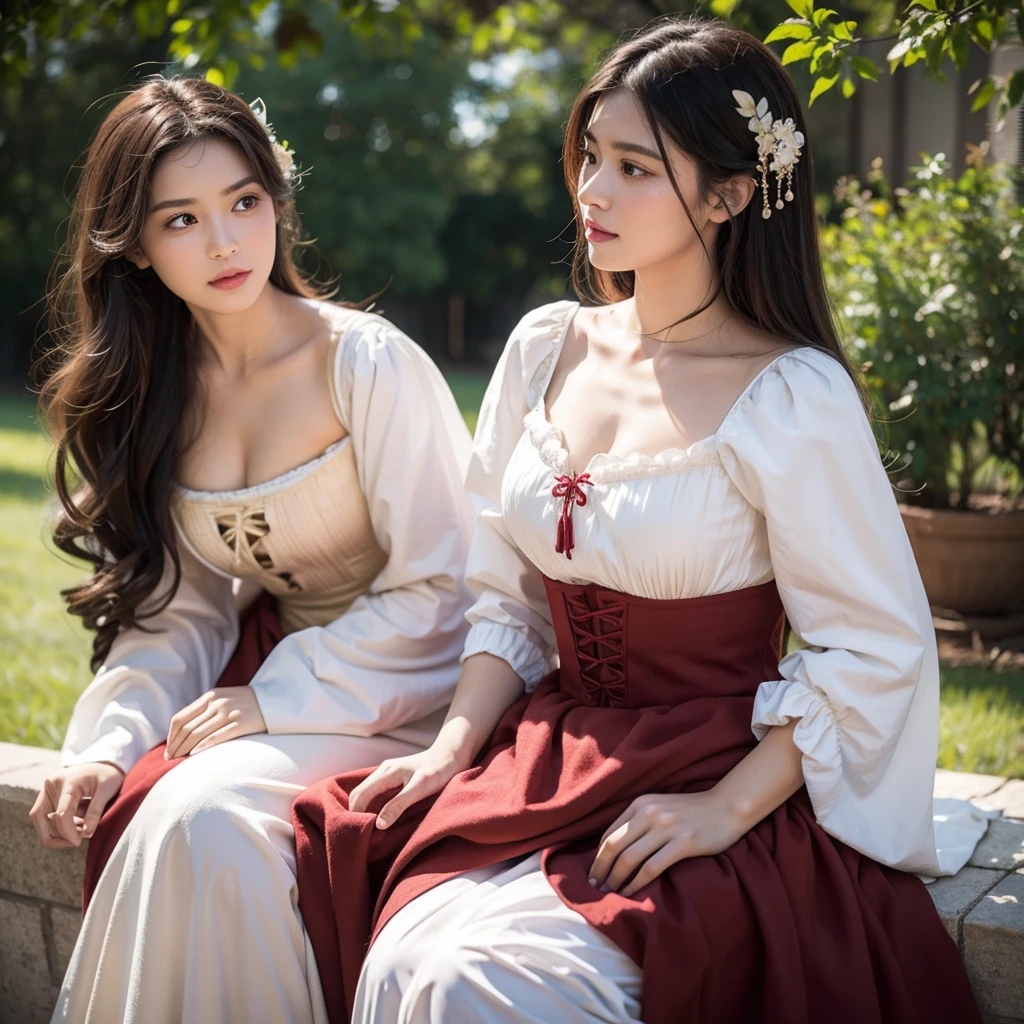 Historical fantasy period, two girls, maid and noble lady of the nobility, lesbian couple, in love, loving
