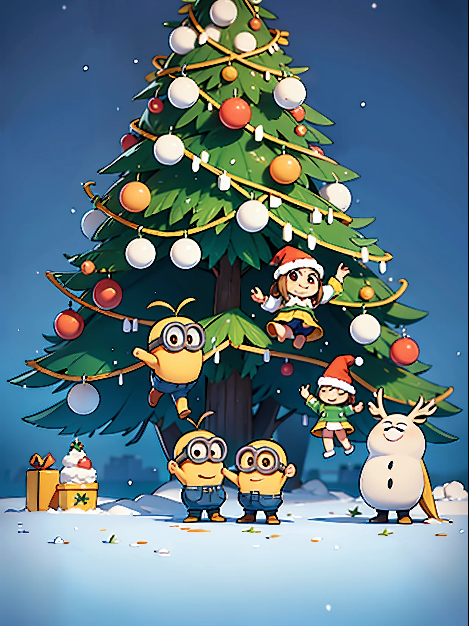 Minions celebrating Christmas around the Christmas tree in the snow,cinematic ligh《Despicable Me》,Minions,Animated characters,Rich details,hyper HD,Winters,natta,Tanonaka